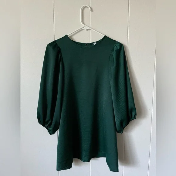 Dark Green Silky Style Look Puff Sleeve Blouse - Picture 3 of 7